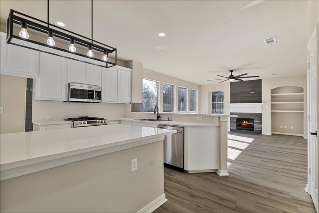 kitchen with ceiling fan, appliances with stainless steel finishes, decorative light fixtures, white cabinets, and sink