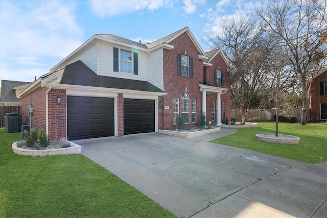 view of front property with a front yard, a garage, and central air condition unit