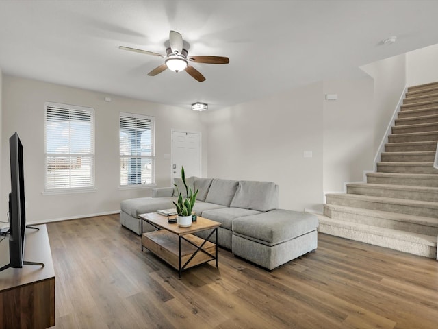 living room with ceiling fan and wood-type flooring