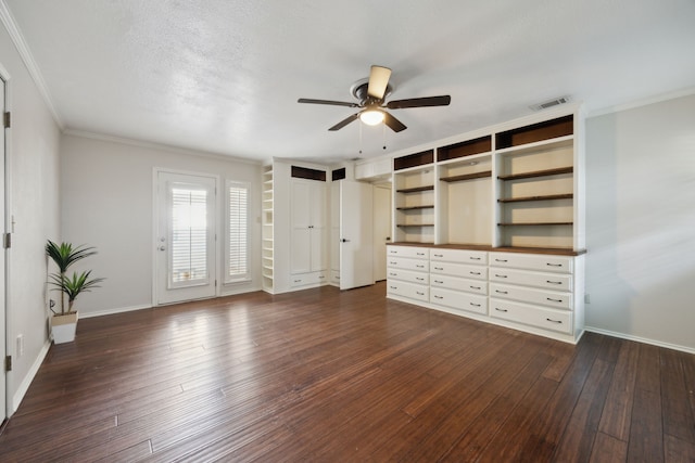 unfurnished bedroom featuring a textured ceiling, ceiling fan, ornamental molding, and dark hardwood / wood-style flooring