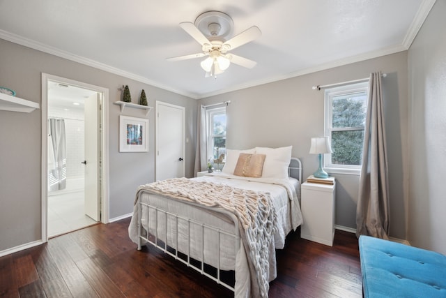 bedroom with ceiling fan, ensuite bath, dark wood-type flooring, and ornamental molding