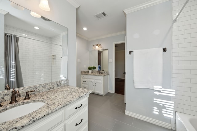 bathroom with vanity, shower / tub combo, tile patterned floors, and crown molding