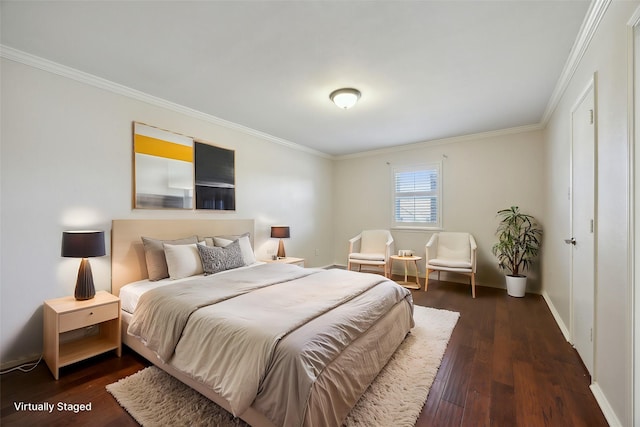 bedroom with dark hardwood / wood-style flooring and ornamental molding