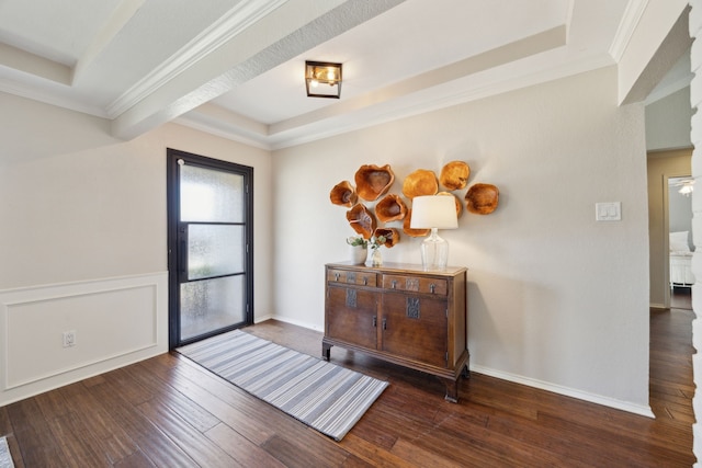 entryway featuring a tray ceiling, dark hardwood / wood-style floors, and ornamental molding