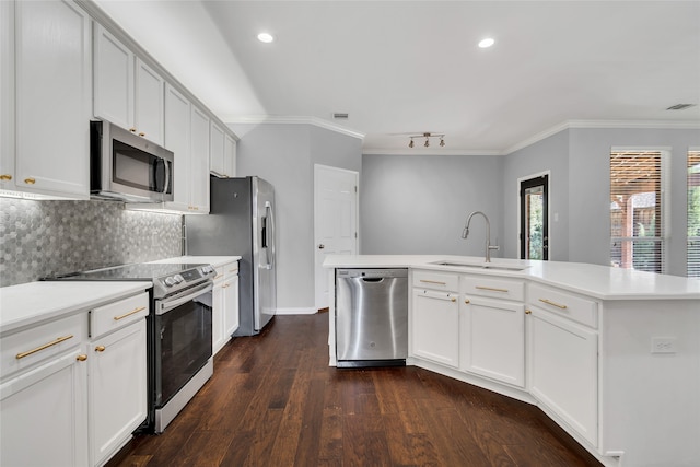 kitchen with stainless steel appliances, sink, backsplash, dark hardwood / wood-style floors, and a kitchen island with sink