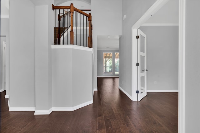 interior space featuring crown molding and dark hardwood / wood-style floors