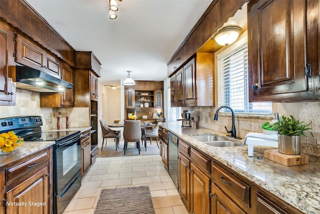 kitchen featuring sink, light tile patterned floors, electric range, decorative light fixtures, and stainless steel dishwasher