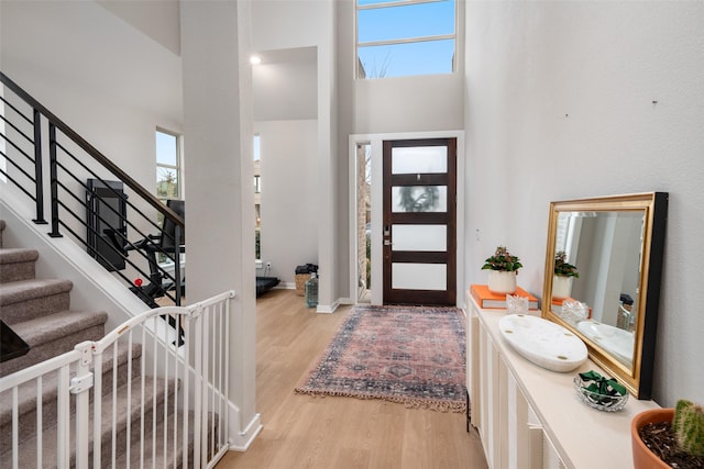 entryway with a wealth of natural light, a high ceiling, and light hardwood / wood-style flooring