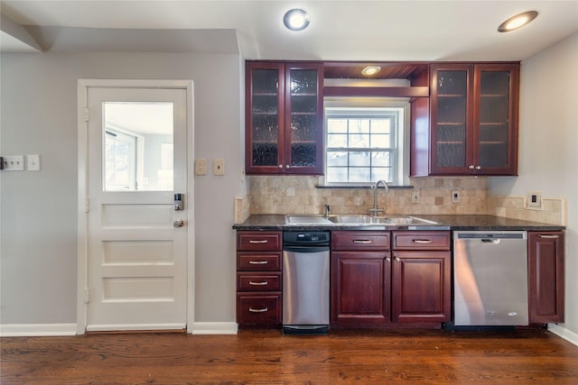 kitchen featuring sink, backsplash, stainless steel dishwasher, and dark hardwood / wood-style flooring