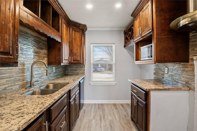 kitchen featuring light hardwood / wood-style floors, sink, backsplash, stainless steel dishwasher, and crown molding