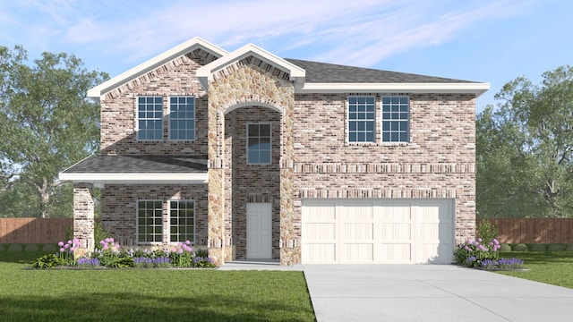 view of front property featuring a front lawn and a garage