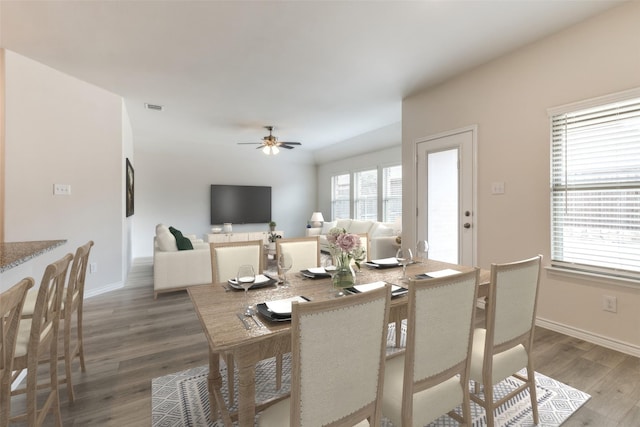 dining room featuring dark hardwood / wood-style floors and ceiling fan