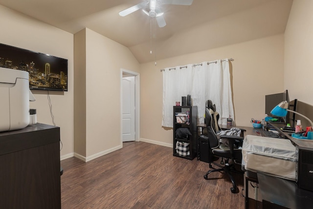 office with vaulted ceiling, ceiling fan, and dark hardwood / wood-style floors