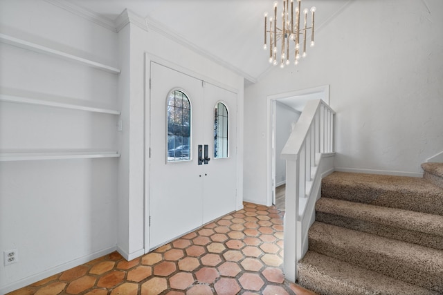 entryway featuring lofted ceiling and a notable chandelier