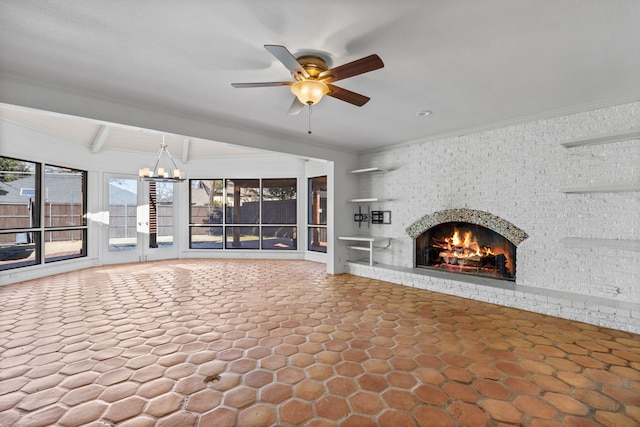 unfurnished living room with a brick fireplace, ceiling fan, and beamed ceiling