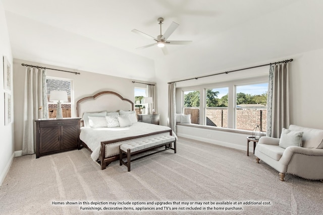 bedroom with ceiling fan and light carpet