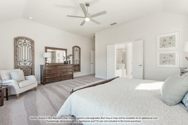 carpeted bedroom featuring ceiling fan, lofted ceiling, and connected bathroom