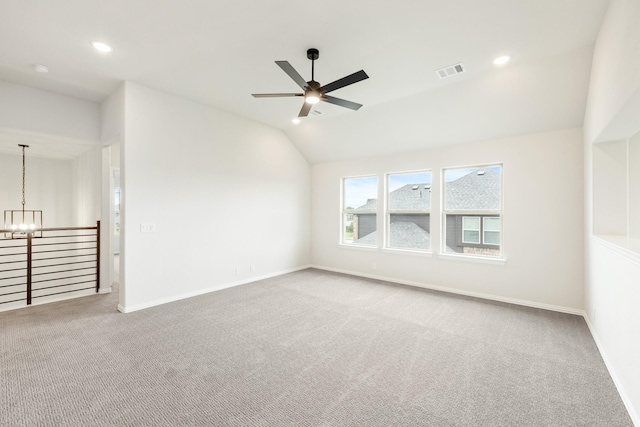 1233 Sylvia St, Desoto, TX 75115 - carpeted spare room featuring a chandelier, lofted ceiling, a ceiling fan, baseboards, and recessed lighting