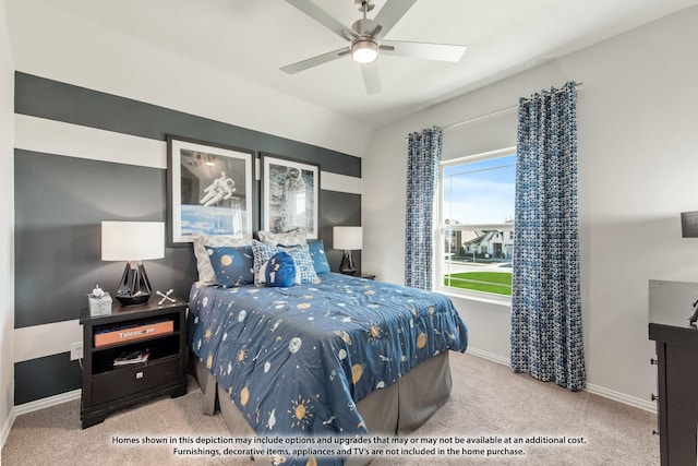 bedroom featuring ceiling fan, light carpet, and lofted ceiling