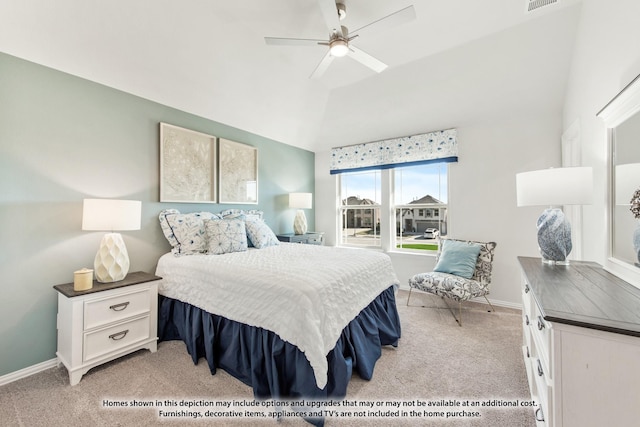 bedroom with ceiling fan, light carpet, and vaulted ceiling