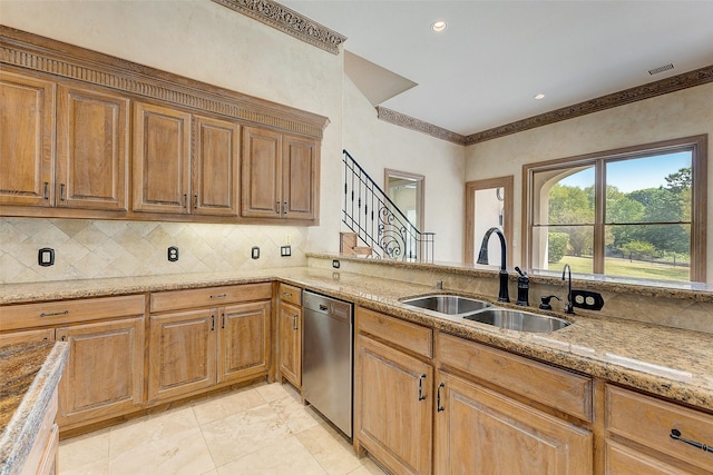 kitchen featuring sink, decorative backsplash, and stainless steel dishwasher