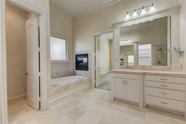 bathroom featuring vanity, crown molding, tile patterned floors, and separate shower and tub