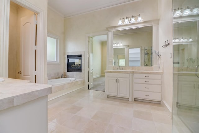 bathroom with vanity, crown molding, separate shower and tub, and a multi sided fireplace