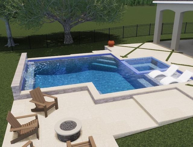 view of swimming pool with a fire pit, a patio area, and an in ground hot tub