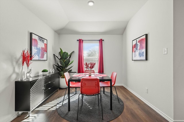 dining room with lofted ceiling and dark hardwood / wood-style flooring