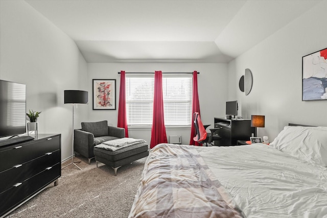 carpeted bedroom featuring vaulted ceiling