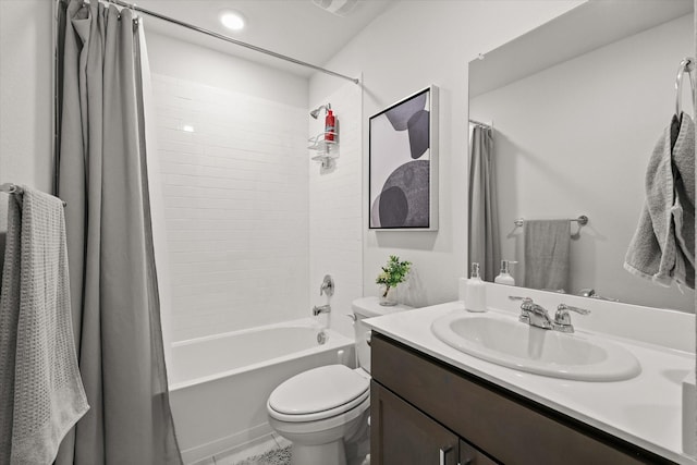 full bathroom featuring toilet, vanity, and shower / bath combination with curtain