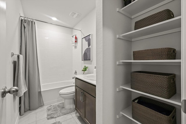 full bathroom featuring toilet, vanity, shower / bathtub combination with curtain, and tile patterned flooring