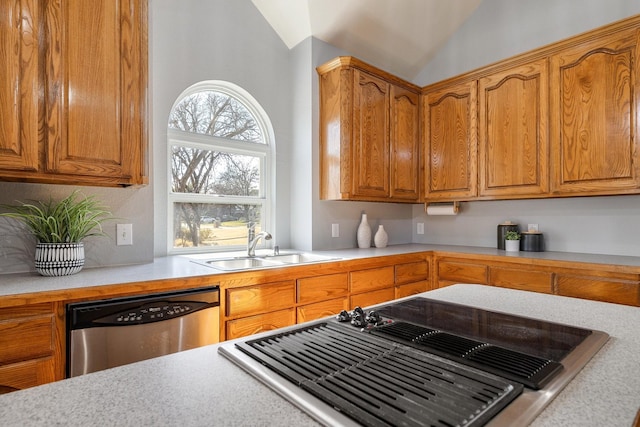 kitchen with vaulted ceiling, dishwasher, and sink