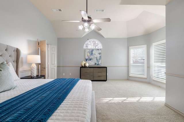 bedroom featuring ceiling fan, carpet, and lofted ceiling