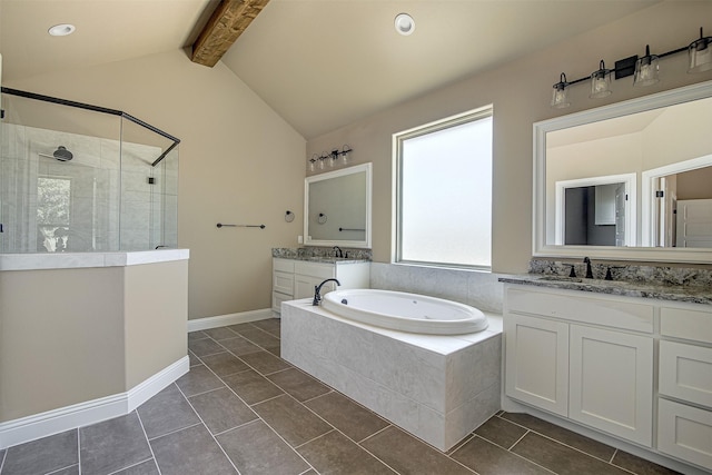 bathroom with vanity, lofted ceiling with beams, tile patterned floors, and plus walk in shower