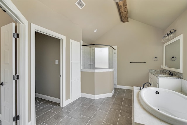 bathroom featuring separate shower and tub, vanity, and lofted ceiling with beams