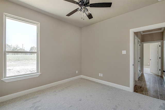 spare room with ceiling fan, a healthy amount of sunlight, and carpet floors