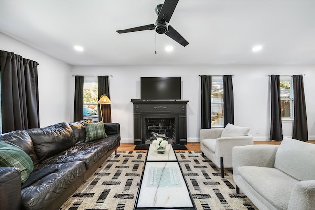 living room with ceiling fan, light wood-type flooring, and plenty of natural light