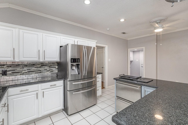 kitchen with stainless steel fridge with ice dispenser, white cabinetry, and crown molding