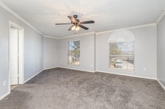 carpeted spare room with ceiling fan, crown molding, and a textured ceiling