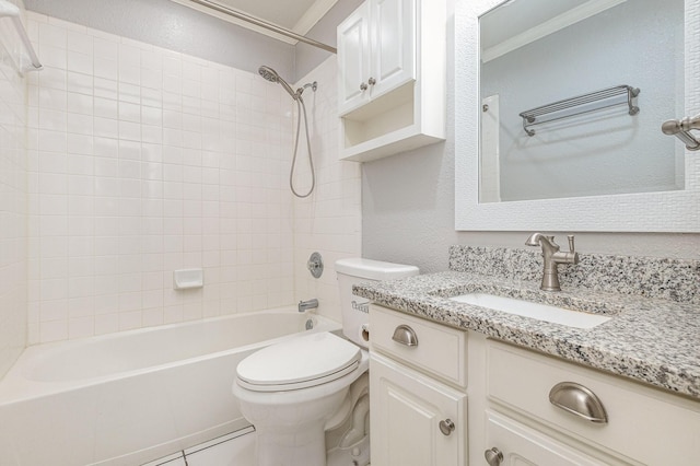 full bathroom featuring tile patterned flooring, vanity, shower / washtub combination, toilet, and crown molding