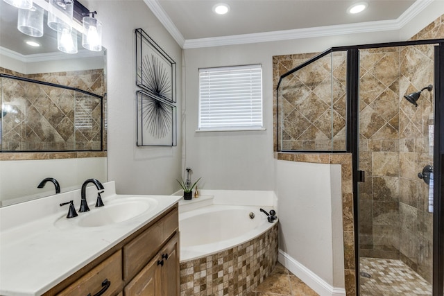 bathroom with vanity, crown molding, and separate shower and tub