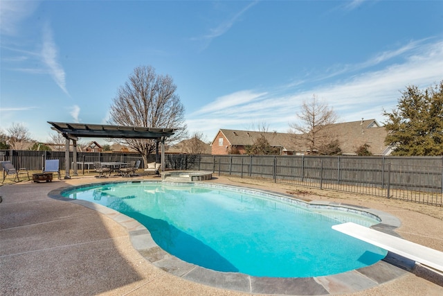 view of swimming pool with a diving board, an in ground hot tub, a pergola, and a patio area