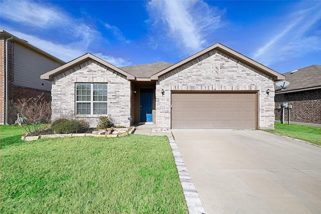 ranch-style home with a garage and a front yard