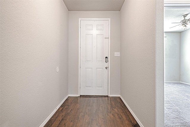 doorway with ceiling fan, a textured ceiling, and dark hardwood / wood-style floors