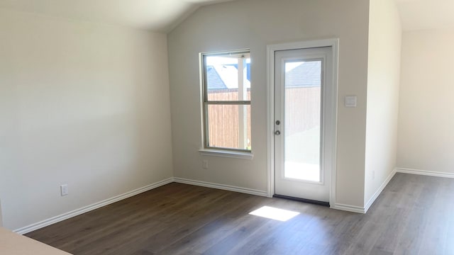 doorway to outside featuring dark wood-type flooring, a wealth of natural light, and vaulted ceiling