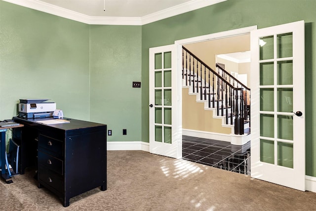 carpeted office space with crown molding and french doors