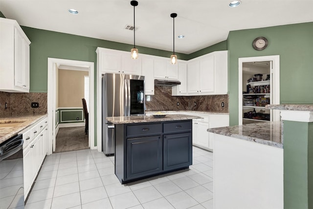 kitchen with backsplash, pendant lighting, a center island, black dishwasher, and white cabinets