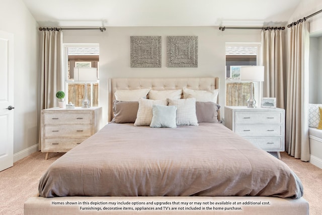 bedroom with light colored carpet