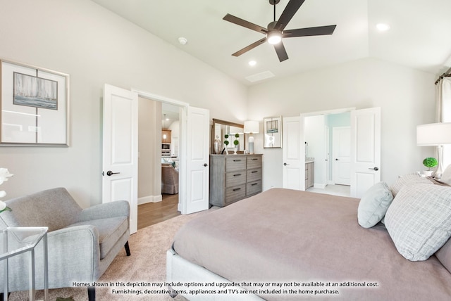 bedroom with ceiling fan and lofted ceiling